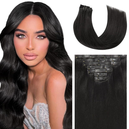 18Inch Jet Black Seamless Human Hair Extensions Ultra Invisible Skin Weft Clip Ins 7Pcs 110Gram Black Hair Extensions Remy Human Hair Full Head PU Clip on Straight Hair Extensions