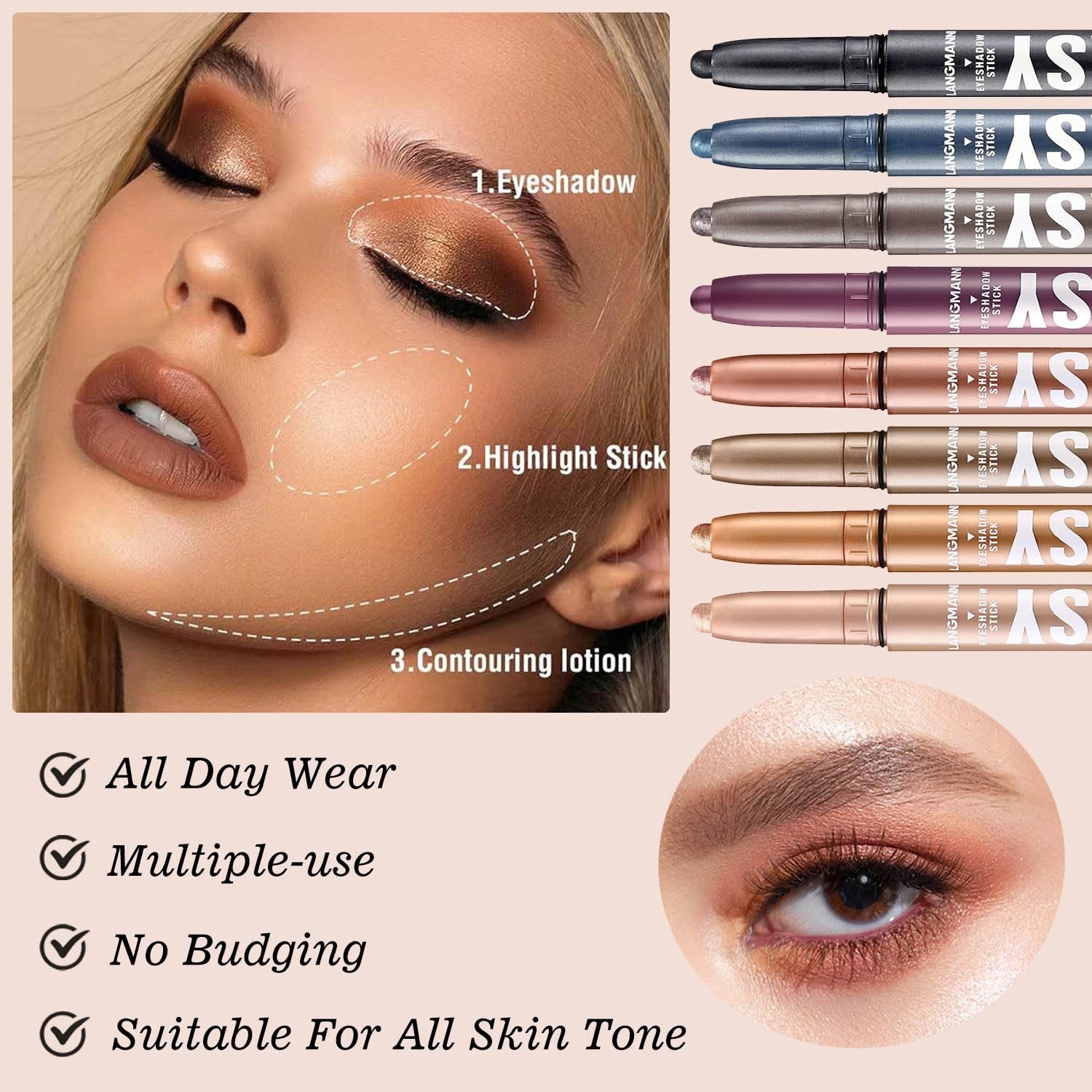 Brown Eyeshadow Stick Makeup,Matte Cream Eye Shadow Pencil,High Pigmented Crease Proof Glitter Eye Shadow Brightener Stick,Waterproof Long Lasting Eye Highlighter Crayon Eyeliner