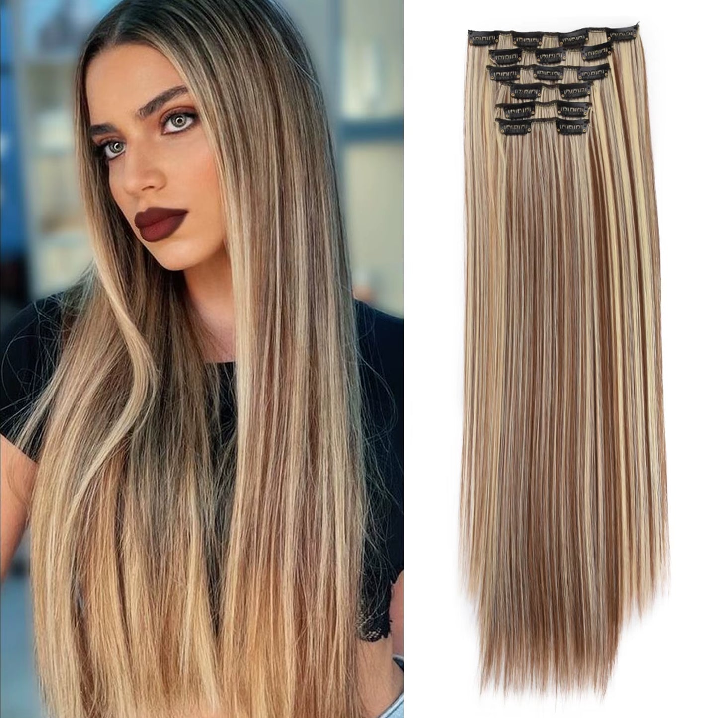 Clip in Hair Extensions 6Pcs Synthetic Hair Extensions Clip Ins 24Inch Natural Straight Synthetic Hairpieces for Women Girls