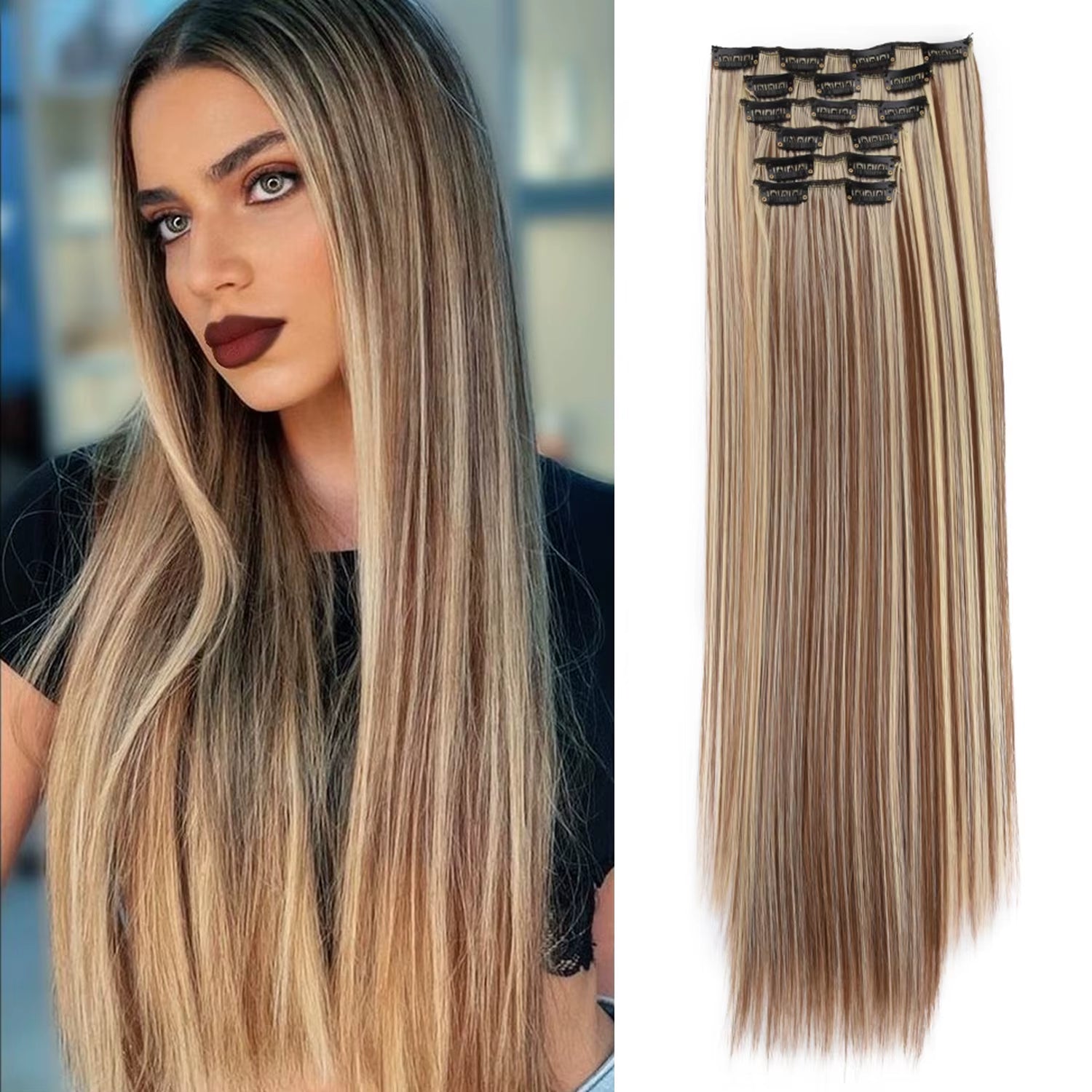 Clip in Hair Extensions 6Pcs Synthetic Hair Extensions Clip Ins 24Inch Natural Straight Synthetic Hairpieces for Women Girls