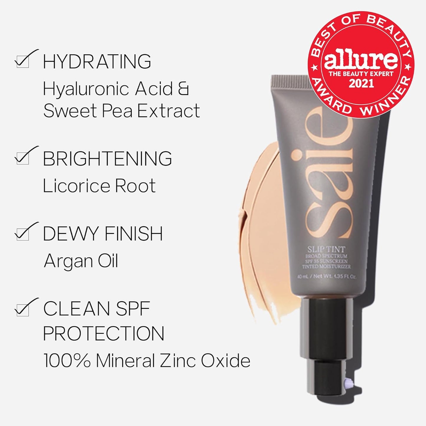 Slip Tint SPF 35 Tinted Moisturizer - Light Coverage Moisturizer + Broad Spectrum Zinc Oxide Sunscreen with Hydrating Hyaluronic Acid - Shade Three + Half (1.35 Oz)