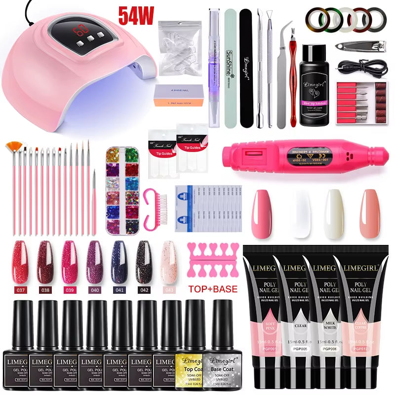 Manicure Set for Nail Extensions Gel Nail Polish Set Quick Building Polygels Set with 120W/72W/54W LED Nail Lamp Nail Tools Set