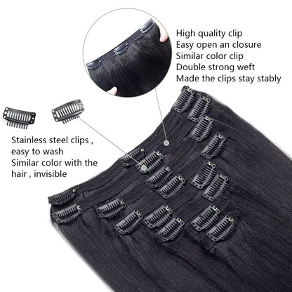 Yaki Straight Clip in Hair Extensions Natural Black Brazilian Virgin Human Hair Kinky Straight Clip in Extensions for Women