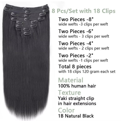 Yaki Straight Clip in Hair Extensions Natural Black Brazilian Virgin Human Hair Kinky Straight Clip in Extensions for Women