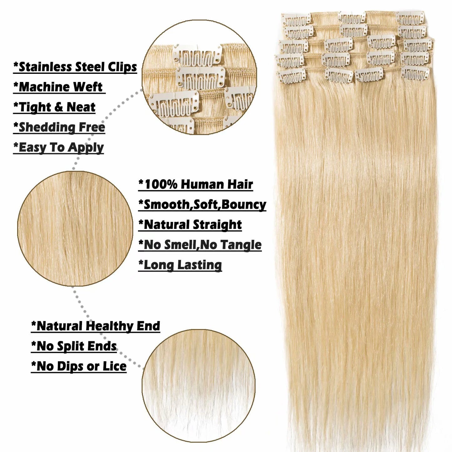 Human Hair Extensions Clip in Hair Extension Full Head Remy Hair Bleach Blonde for Women Straight 8"-24"