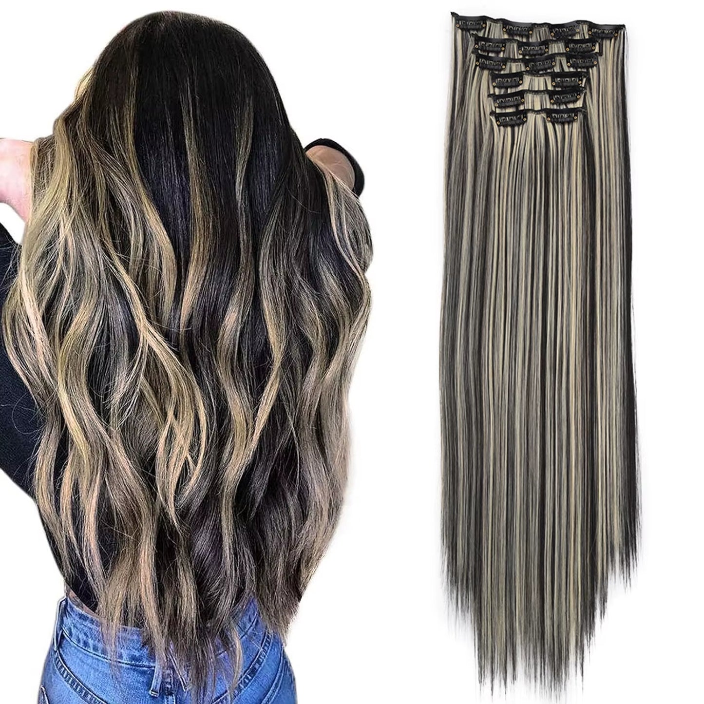 Clip in Hair Extensions 6Pcs Synthetic Hair Extensions Clip Ins 24Inch Natural Straight Synthetic Hairpieces for Women Girls