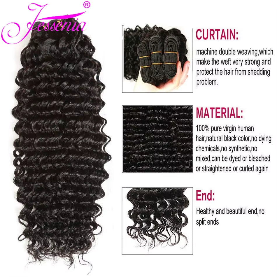 12A Raw Indian Hair 3 4Bundles Deal Deep Wave Bundle Kinky Curly 100% Human Hair Extensions Loose Deep Wave Water for Blackwomen