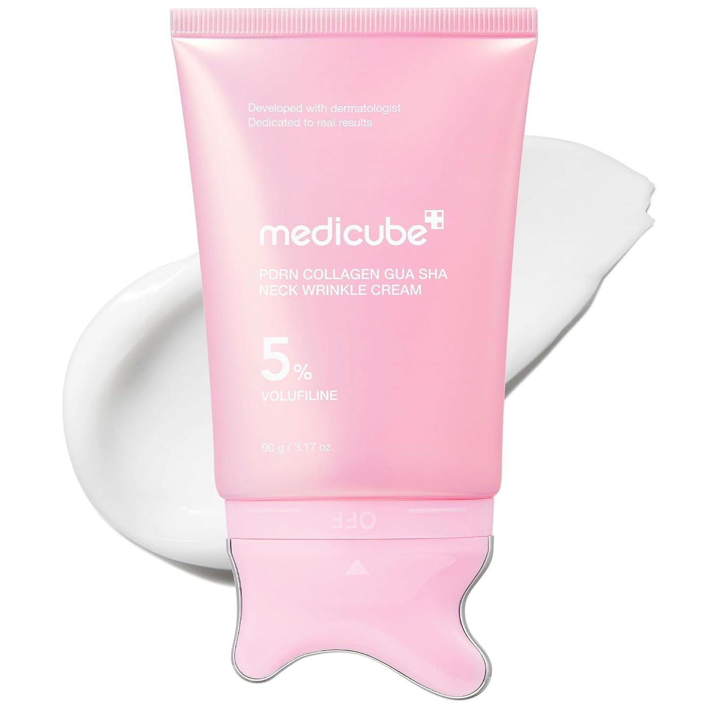 MEDICUBE - PDRN Collagen Gua Sha Neck Wrinkle Cream | Built-In Gua Sha Massager with Volufiline 5% | Firming, Contour Care for the Look of Fine Lines, Jawline, Neck, Décolleté | Korean Skincare, 3.17 Oz