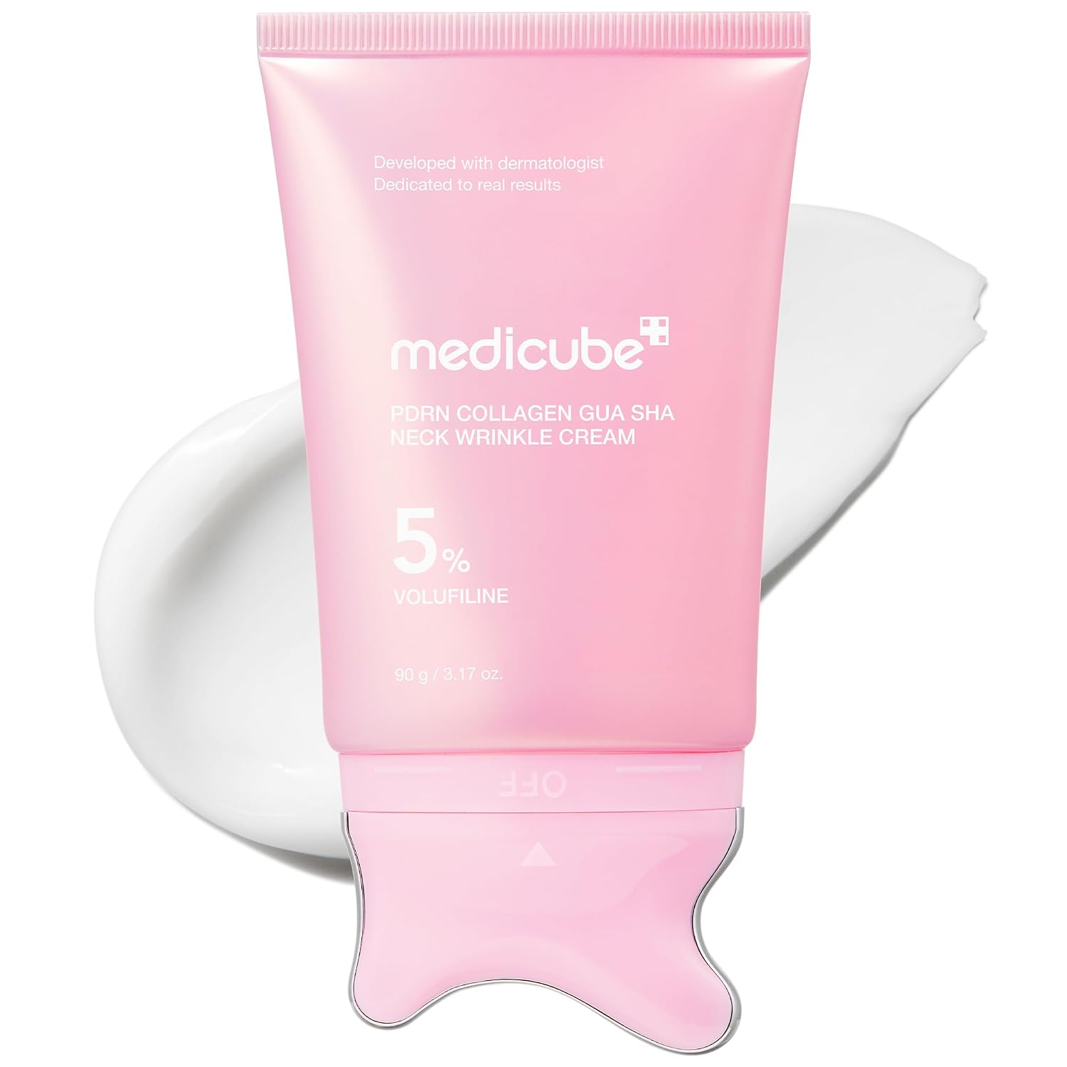 MEDICUBE - PDRN Collagen Gua Sha Neck Wrinkle Cream | Built-In Gua Sha Massager with Volufiline 5% | Firming, Contour Care for the Look of Fine Lines, Jawline, Neck, Décolleté | Korean Skincare, 3.17 Oz