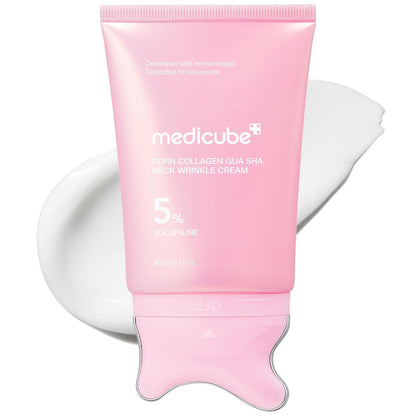 MEDICUBE - PDRN Collagen Gua Sha Neck Wrinkle Cream | Built-In Gua Sha Massager with Volufiline 5% | Firming, Contour Care for the Look of Fine Lines, Jawline, Neck, Décolleté | Korean Skincare, 3.17 Oz