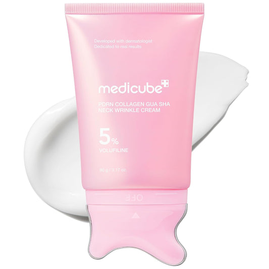 MEDICUBE - PDRN Collagen Gua Sha Neck Wrinkle Cream | Built-In Gua Sha Massager with Volufiline 5% | Firming, Contour Care for the Look of Fine Lines, Jawline, Neck, Décolleté | Korean Skincare, 3.17 Oz