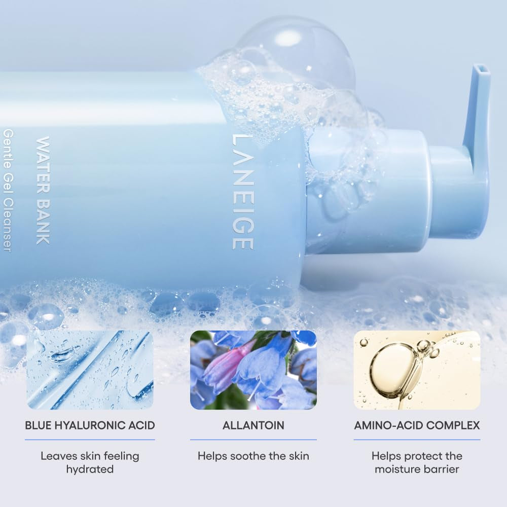 LANEIGE Water Bank Gentle Gel Facial Cleanser: Hydrating, Non-Stripping, Ph-Balanced, Barrier-Boosting, & Fragrance Free with Blue Hyaluronic Acid | Korean Skin Care