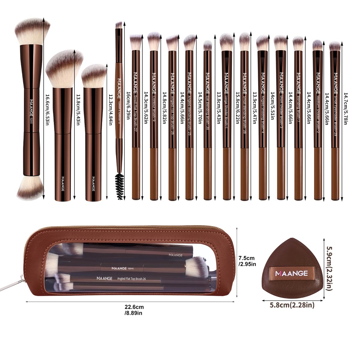 MAANGE Makeup Brush Set 19 PCS Travel Makeup Brushes Eyeshaowder Powder Concealers Foundation Professional Make up Brush Set with Case (Coffee)