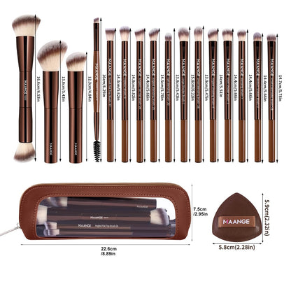 MAANGE Makeup Brush Set 19 PCS Travel Makeup Brushes Eyeshaowder Powder Concealers Foundation Professional Make up Brush Set with Case (Coffee)