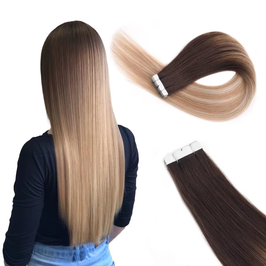 Mini Tape in Human Hair Extensions Straight Seamless Skin Weft Invisible Natural Non-Remy Human Hair Adhesive Extension