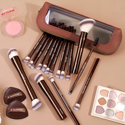 MAANGE Makeup Brush Set 19 PCS Travel Makeup Brushes Eyeshaowder Powder Concealers Foundation Professional Make up Brush Set with Case (Coffee)