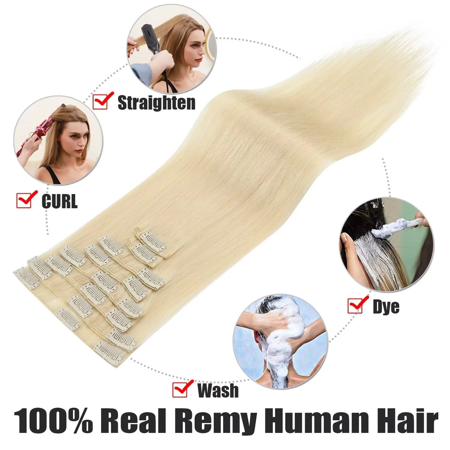 Human Hair Extensions Clip in Hair Extension Full Head Remy Hair Bleach Blonde for Women Straight 8"-24"