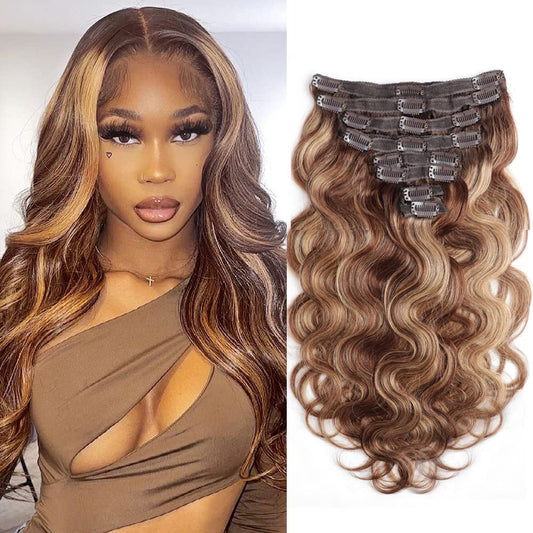 Body Wave Clip in Hair Extensions for Black Women Chocolate Brown to Caramel Blonde 8Pcs Clip in Hair Extensions Real Human Hair with 18 Clips Double Weft 120G(20 Inch, #P4/27 Body)