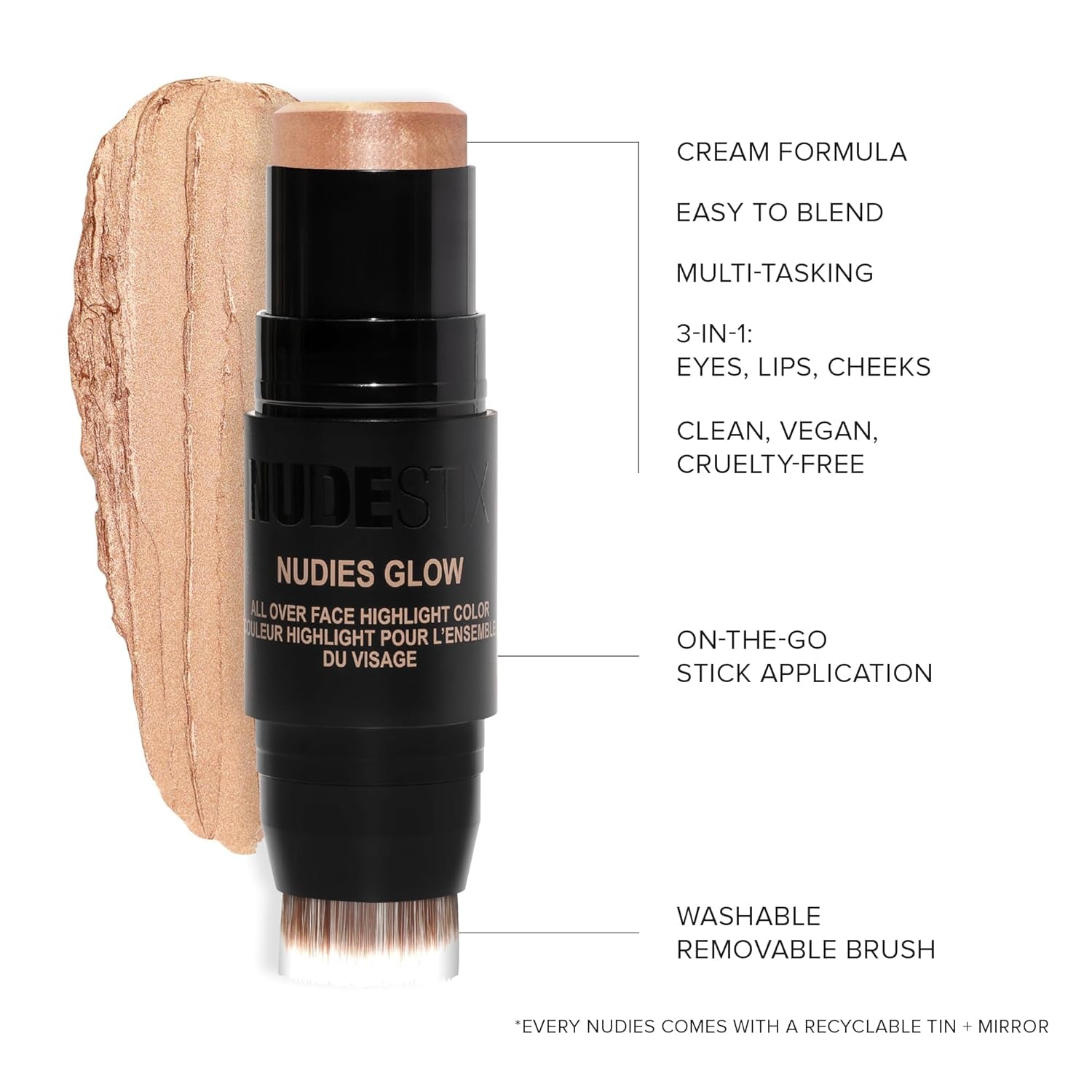 Nudestix Nudies Glow Cream Highlighter Bronze + Glow 3-In-1 All over Face Colour for Eyes, Cheeks, Lips W/Blending Brush