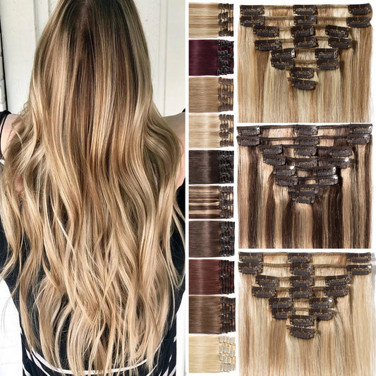 Human Hair Extensions Clip in Hair Extension Full Head Remy Hair Bleach Blonde for Women Straight 8"-24"