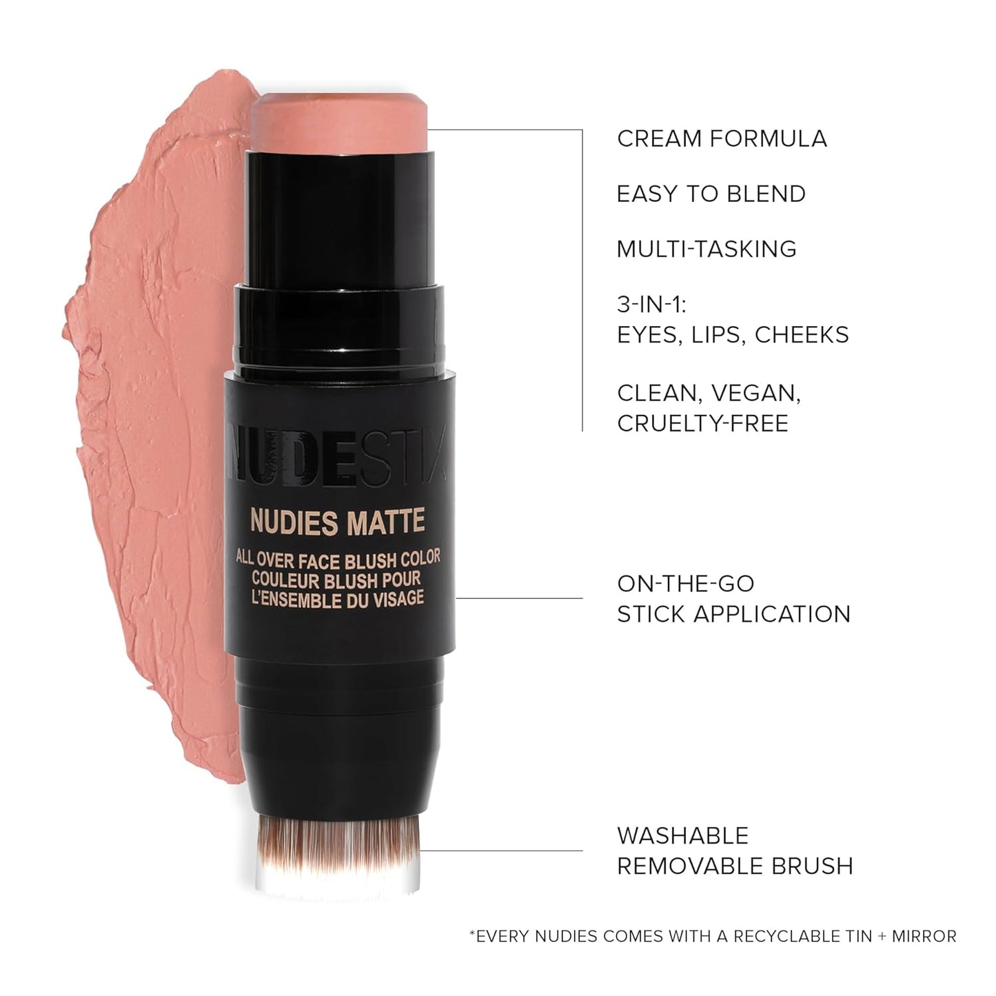 Nudestix Nudies Matte Cream Blush Stick 3-In-1 All over Face Color - Blush Stick for Cheeks Eyes and Lips - Cream Blush for Cheeks W/Blending Brush