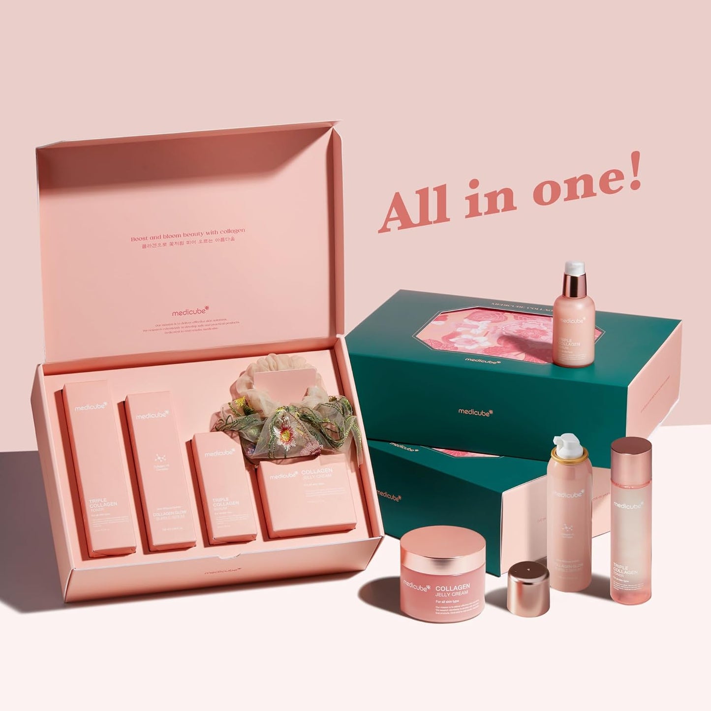 MEDICUBE - Pink Collagen Skincare Set | Gifts for Women Men | Holiday Gifts | 4-Step Korean Skincare Set with Niacinamide, Collagen & Hyaluronic Acid, Full-Sized Skincare Gift