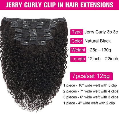 Jerry Curly Clip in Hair Extensions Real Human Hair, 20 Inch 3B 3C Curly Clip Ins 7 Pcs with 24 Clips Thick 8A Brazilian Soft Remy Human Hair Lace Weft Clip in for Black Woman