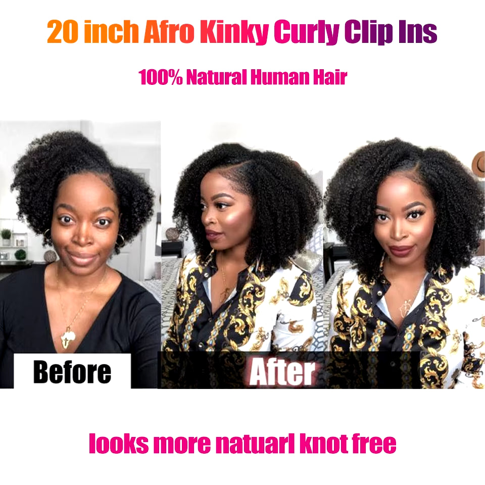 Afro Kinky Curly Clip Ins Hair Extension Human Hair  Mongolian Kinky Curly Human Hair Clip Ins Extension 120G Full Head