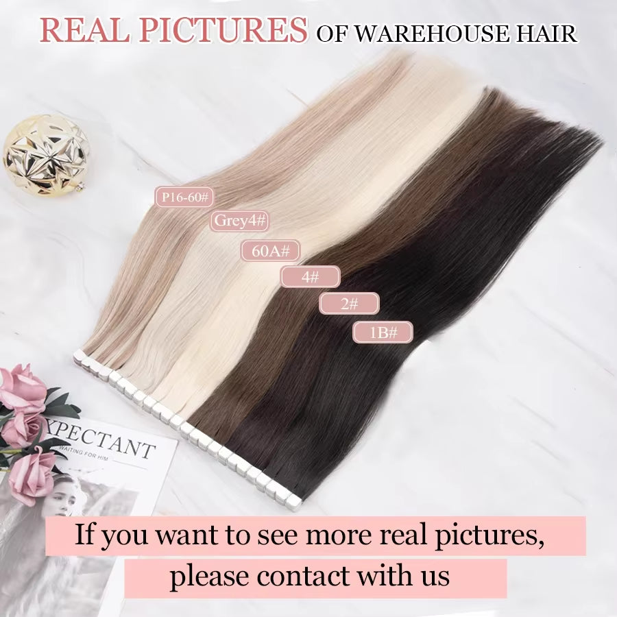 Mini Tape in Human Hair Extensions Straight Seamless Skin Weft Invisible Natural Non-Remy Human Hair Adhesive Extension