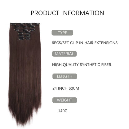 Clip in Hair Extensions 6Pcs Synthetic Hair Extensions Clip Ins 24Inch Natural Straight Synthetic Hairpieces for Women Girls