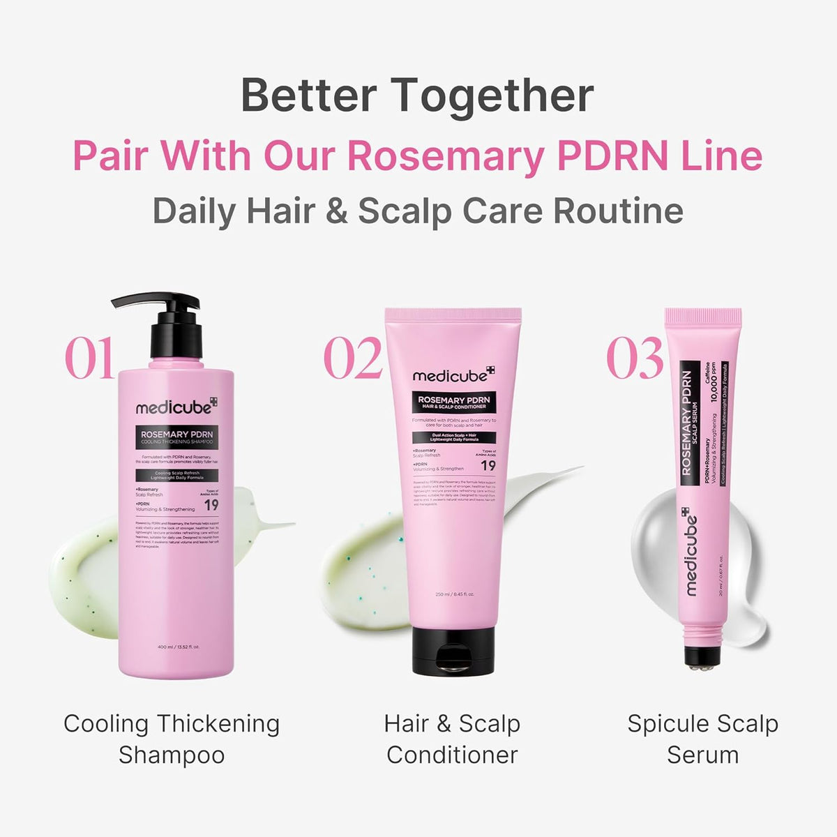 Rosemary PDRN Korean Hair Care Set: Shampoo, Conditioner & Serum | Amino Acids for Thicker, Fuller, Denser-Looking Hair | Cooling & Soothing Scalp Care for Flake-Prone Scalp | 3 Step Routine