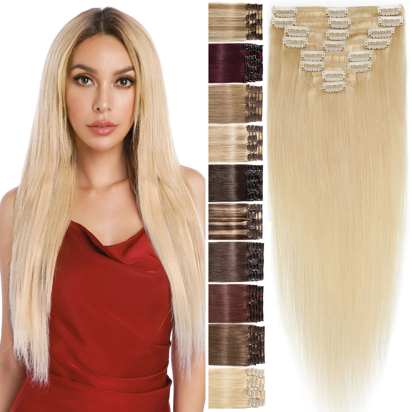 Human Hair Extensions Clip in Hair Extension Full Head Remy Hair Bleach Blonde for Women Straight 8"-24"