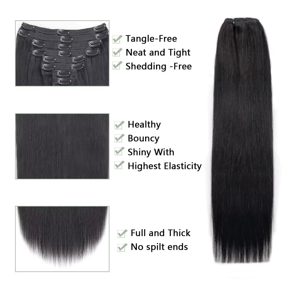 Yaki Straight Clip in Hair Extensions Natural Black Brazilian Virgin Human Hair Kinky Straight Clip in Extensions for Women