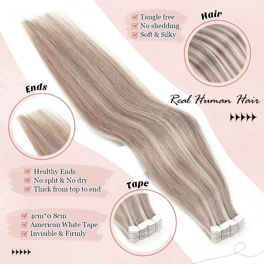 Mini Tape in Human Hair Extensions Straight Seamless Skin Weft Invisible Natural Non-Remy Human Hair Adhesive Extension