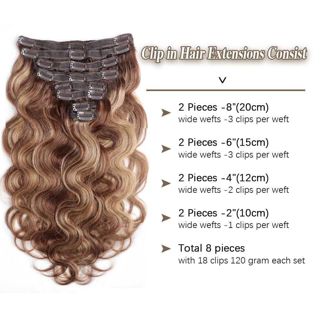 Body Wave Clip in Hair Extensions for Black Women Chocolate Brown to Caramel Blonde 8Pcs Clip in Hair Extensions Real Human Hair with 18 Clips Double Weft 120G(20 Inch, #P4/27 Body)