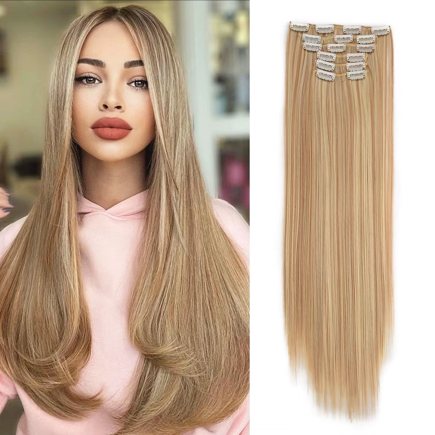 Clip in Hair Extensions 6Pcs Synthetic Hair Extensions Clip Ins 24Inch Natural Straight Synthetic Hairpieces for Women Girls