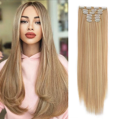 Clip in Hair Extensions 6Pcs Synthetic Hair Extensions Clip Ins 24Inch Natural Straight Synthetic Hairpieces for Women Girls