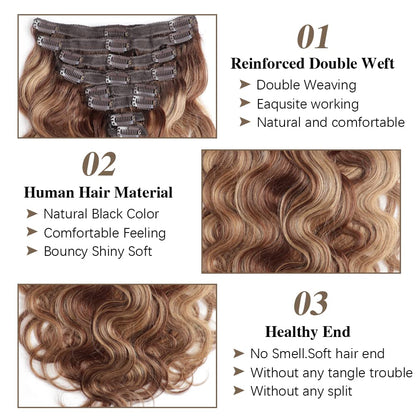 Body Wave Clip in Hair Extensions for Black Women Chocolate Brown to Caramel Blonde 8Pcs Clip in Hair Extensions Real Human Hair with 18 Clips Double Weft 120G(20 Inch, #P4/27 Body)