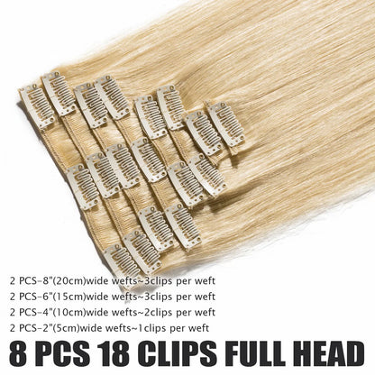 Human Hair Extensions Clip in Hair Extension Full Head Remy Hair Bleach Blonde for Women Straight 8"-24"