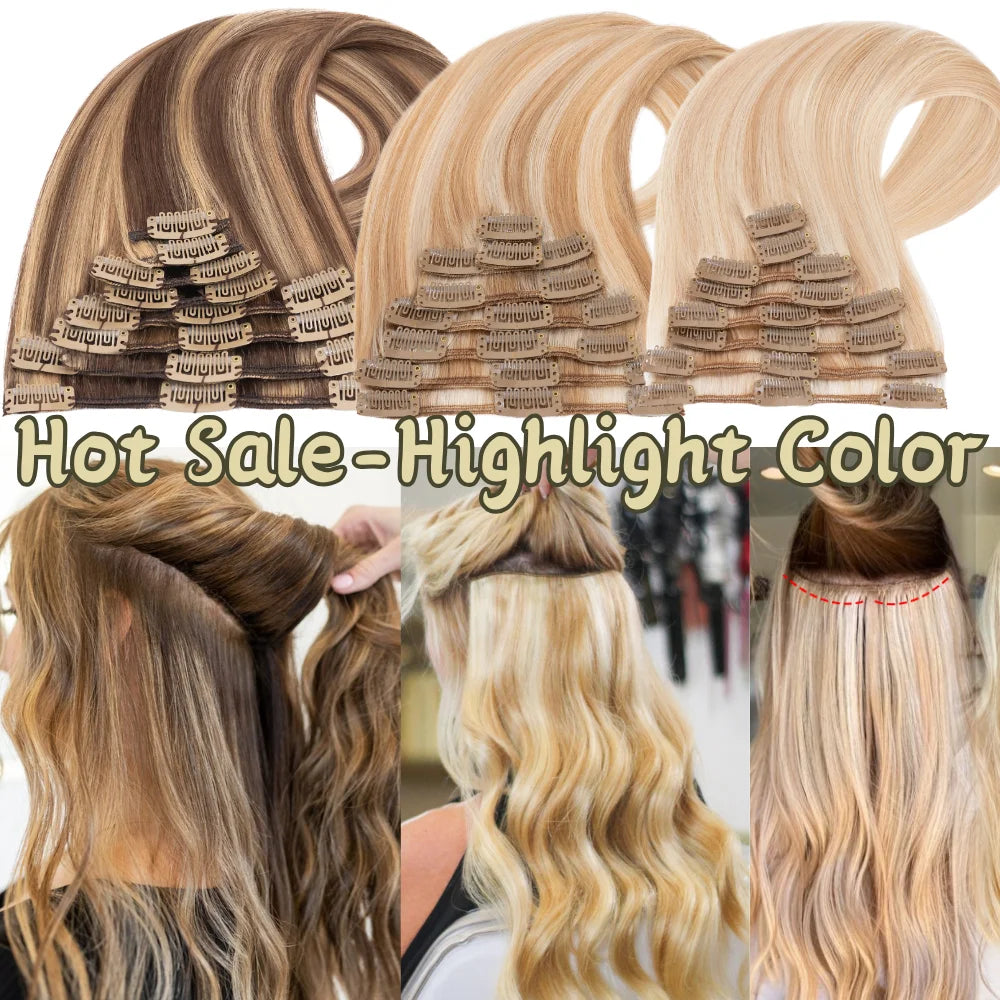 Human Hair Extensions Clip in Hair Extension Full Head Remy Hair Bleach Blonde for Women Straight 8"-24"