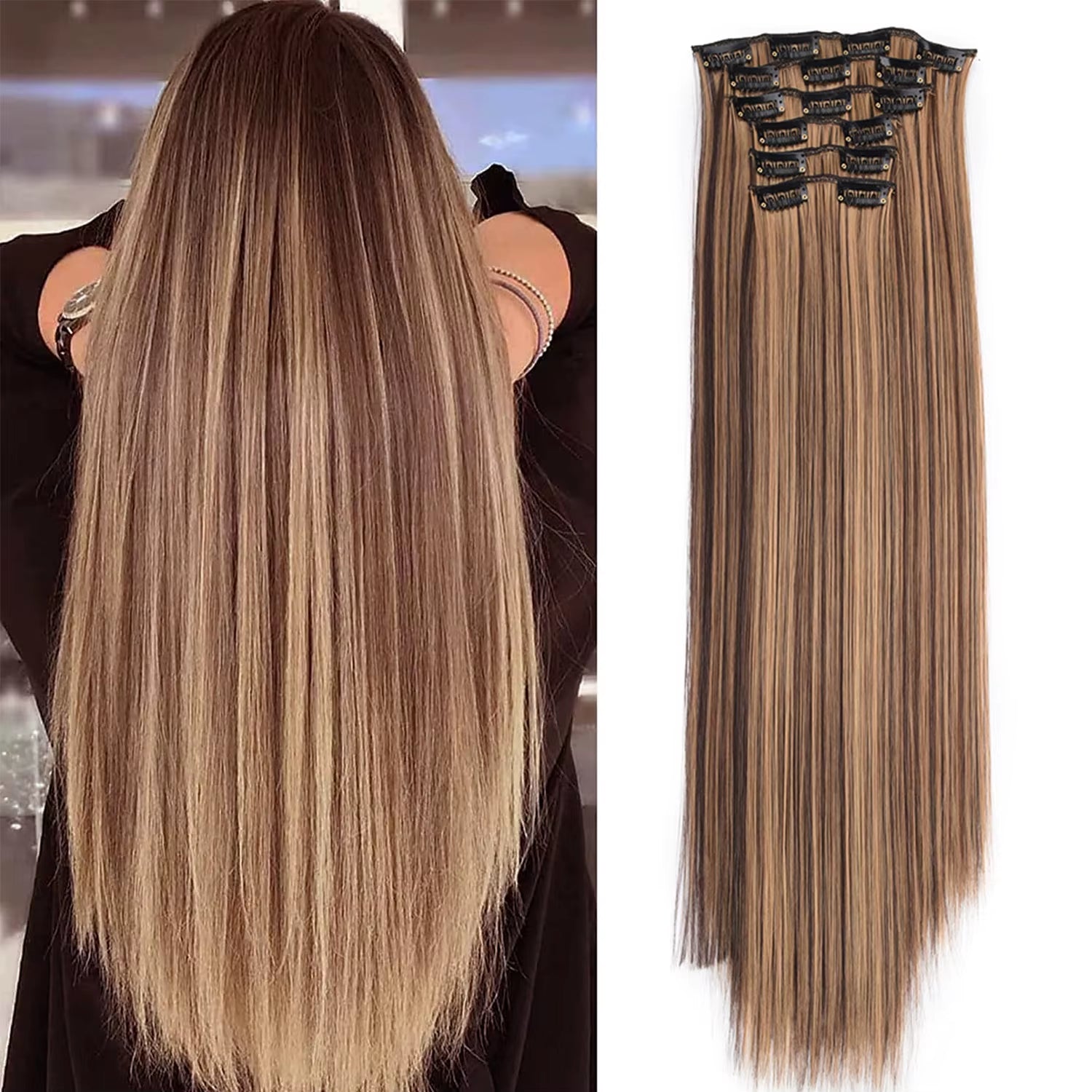 Clip in Hair Extensions 6Pcs Synthetic Hair Extensions Clip Ins 24Inch Natural Straight Synthetic Hairpieces for Women Girls