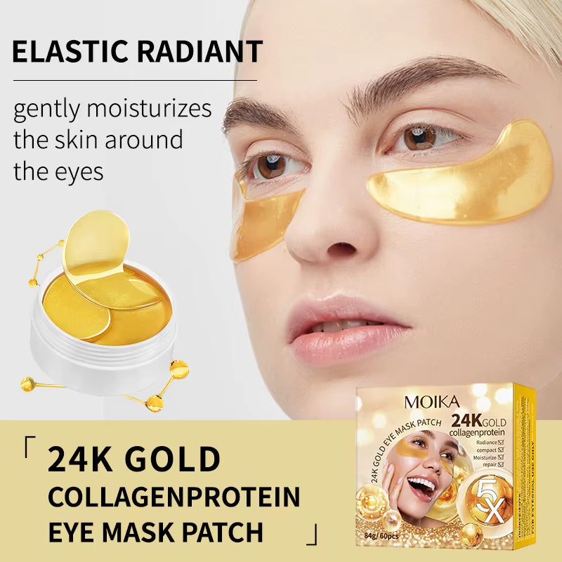 60 Patches 24K Gold Collagen Eye Patch Moisturizing Anti-Aging Dark Circle Facial Mask Pro-Xylane Hyaluronic Seaweed Eye Mask