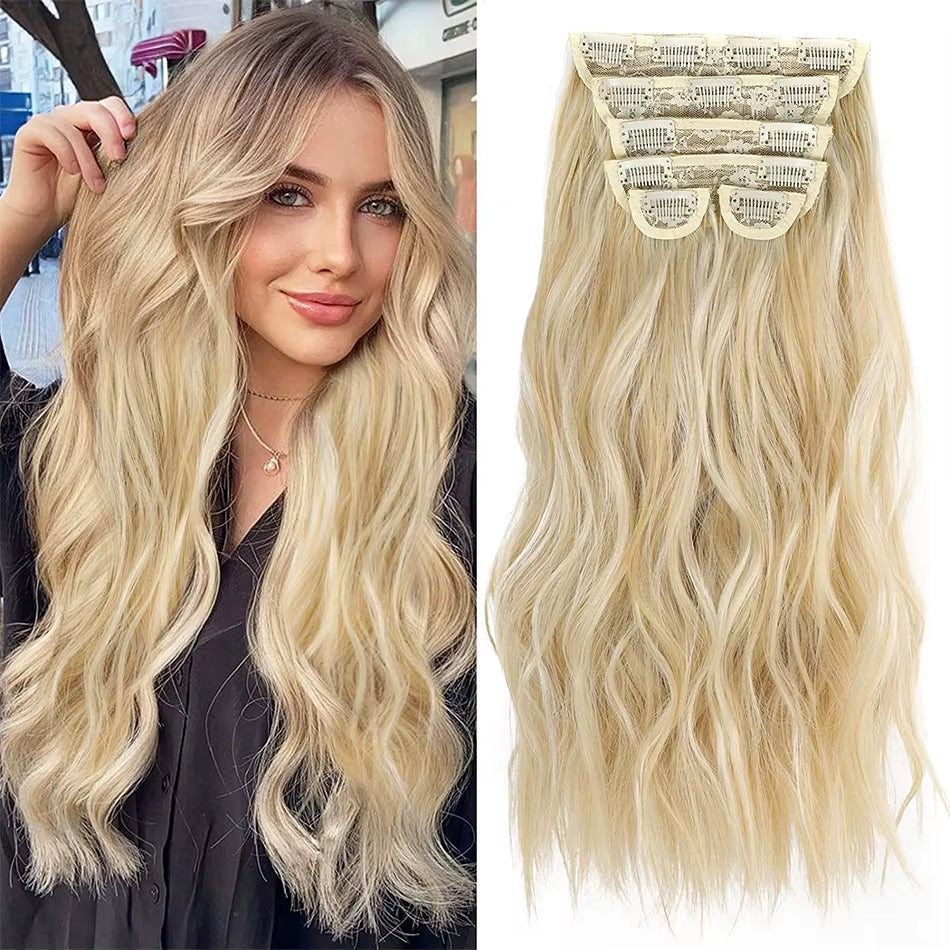 Extensions Long Synthetic Clip in Hair Wavy Clip in Hair Extensions 6Pcs/Set Piece Synthetic Ombre Blonde Brown Thick Hairpieces