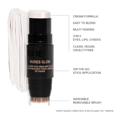 Nudestix Nudies Glow Cream Highlighter Bronze + Glow 3-In-1 All over Face Colour for Eyes, Cheeks, Lips W/Blending Brush